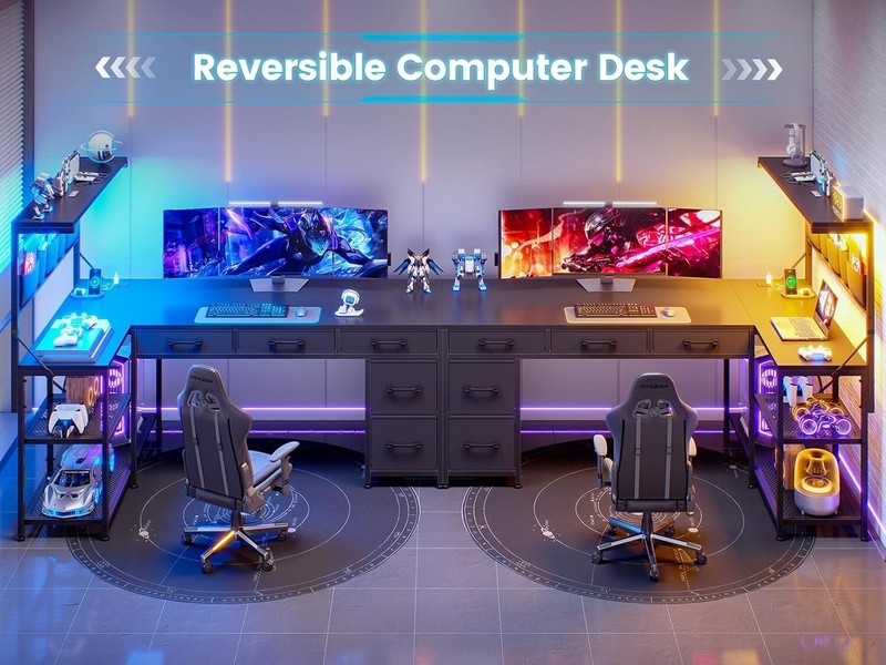 Corner Computer Desk, Reversible L Shaped office Desk with 5 Drawers&LED Lights gallery