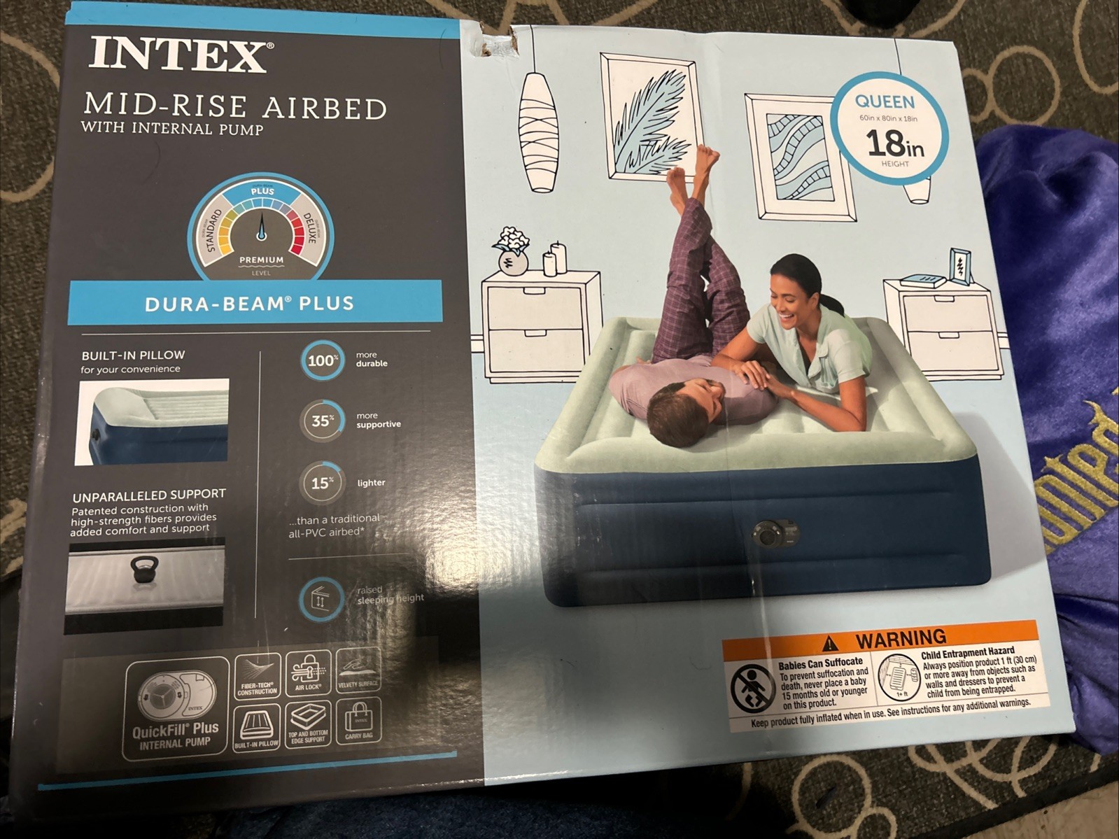 INTEX Air Mattress Off-White/Blue QUEEN Elevated 18" Rest Internal Pump NEW gallery