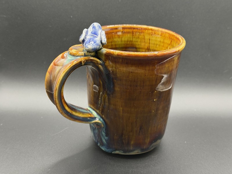 Signed Art Pottery Ceramic Blue Bird Coffee Tea Soup Mug Brown And Blue Glaze gallery