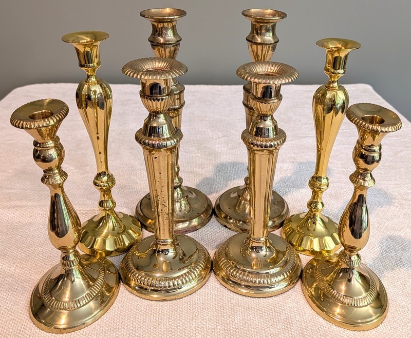 8 Vintage-Shiny Solid Brass Candleholders - 9 to 11.5 Inches Tall gallery