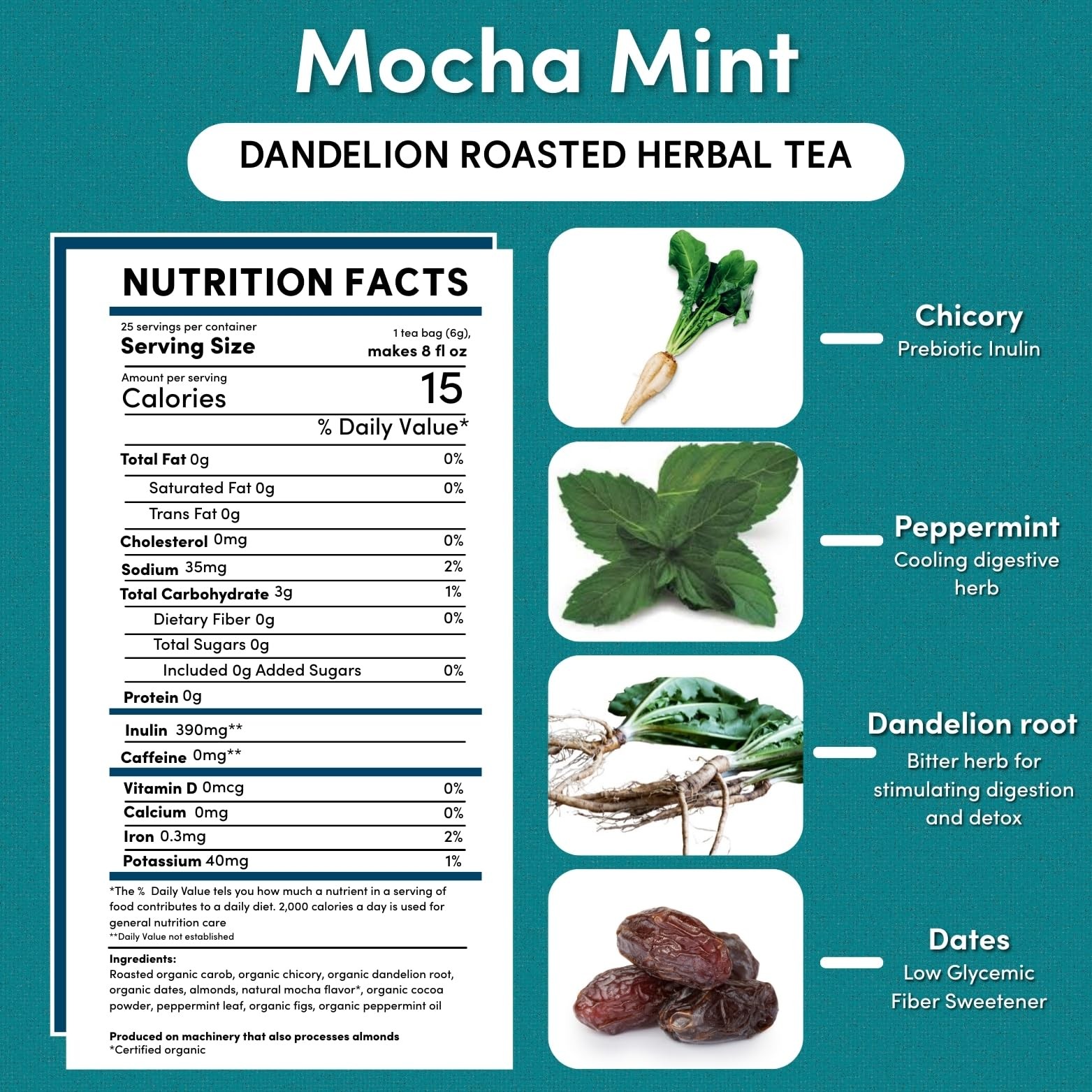 Dandelion Mocha Mint Tea - Caffeine , Roasted Tea with Prebiotics, 3x More He... gallery