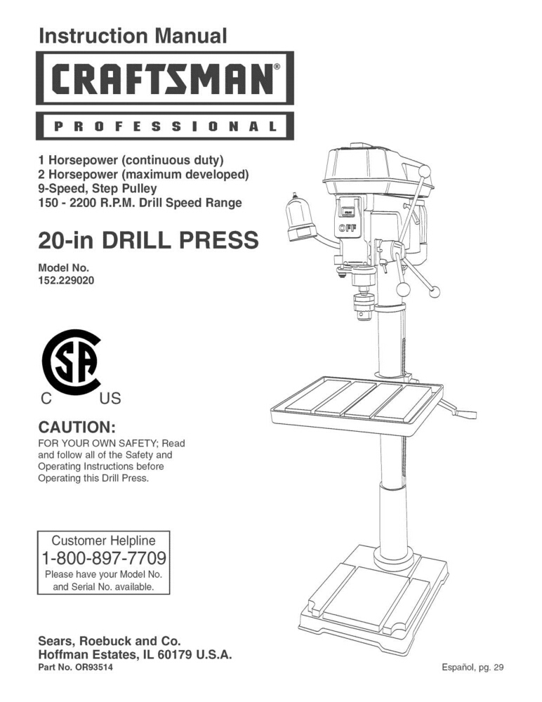 2006 Craftsman 152.229020 20" Drill Press Instructions gallery