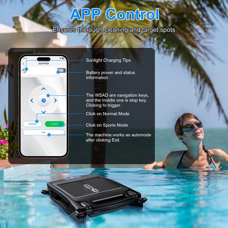 Solar Powered Robotic Pool Skimmer Swimming Pool Surface 2 Modes Surface &APP gallery