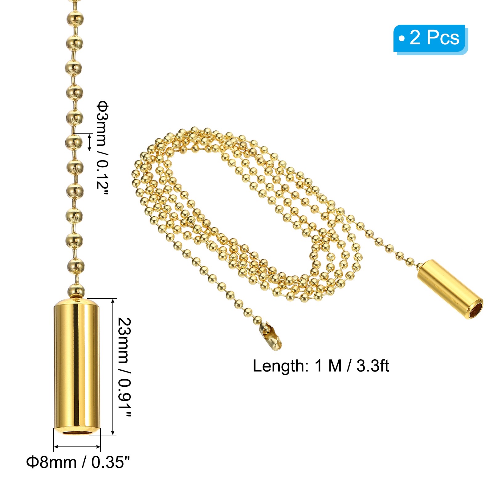 2 Pcs 1M Ceiling Fan Light Beaded Pull Chain with Cylinder Pendant Gold gallery