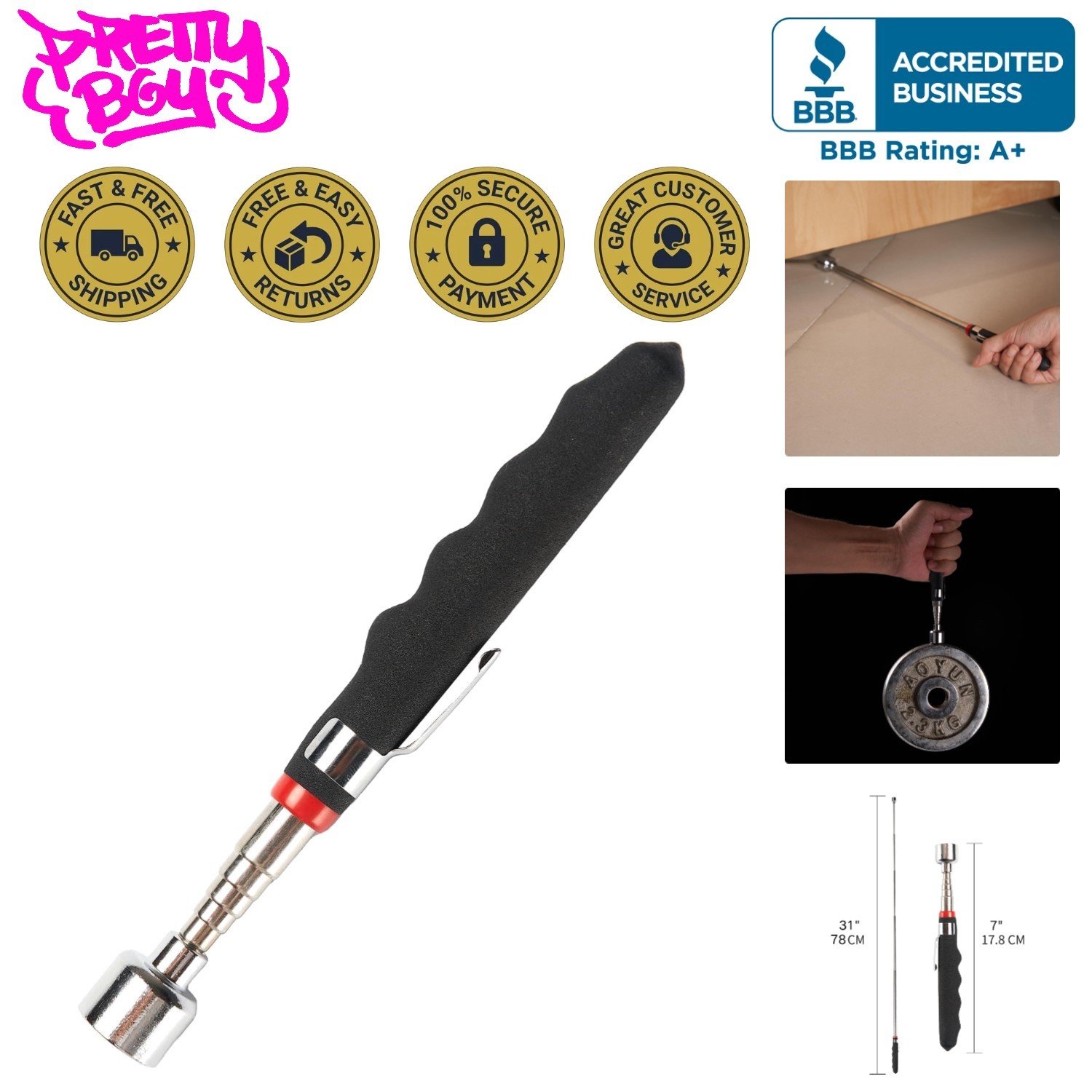 Portable Magnetic Pickup Tool - Extends to 31'' with 20 lb Magnet Power & Grip gallery