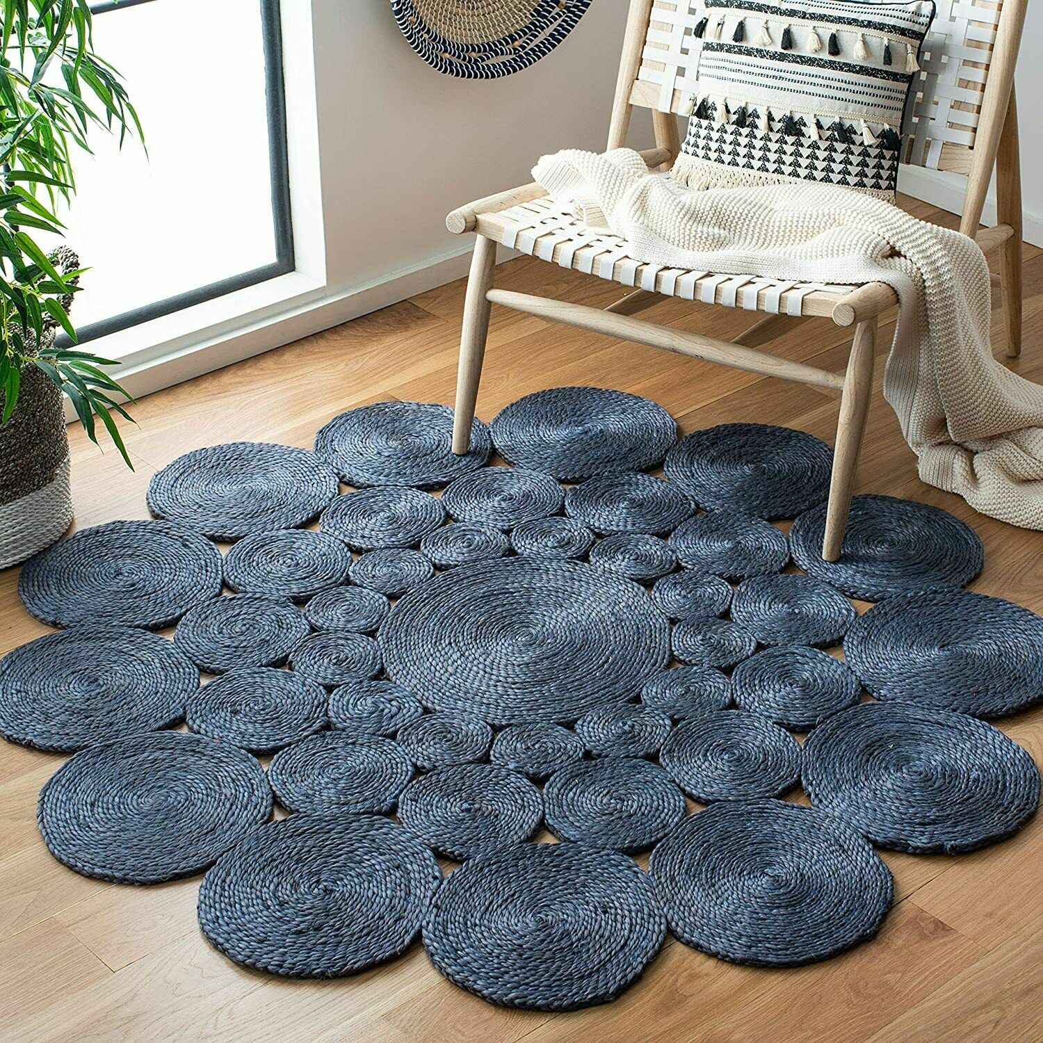 Rug Blue Round Natural Jute Hand Braided 100% Farmhouse Living Room Area Rug gallery