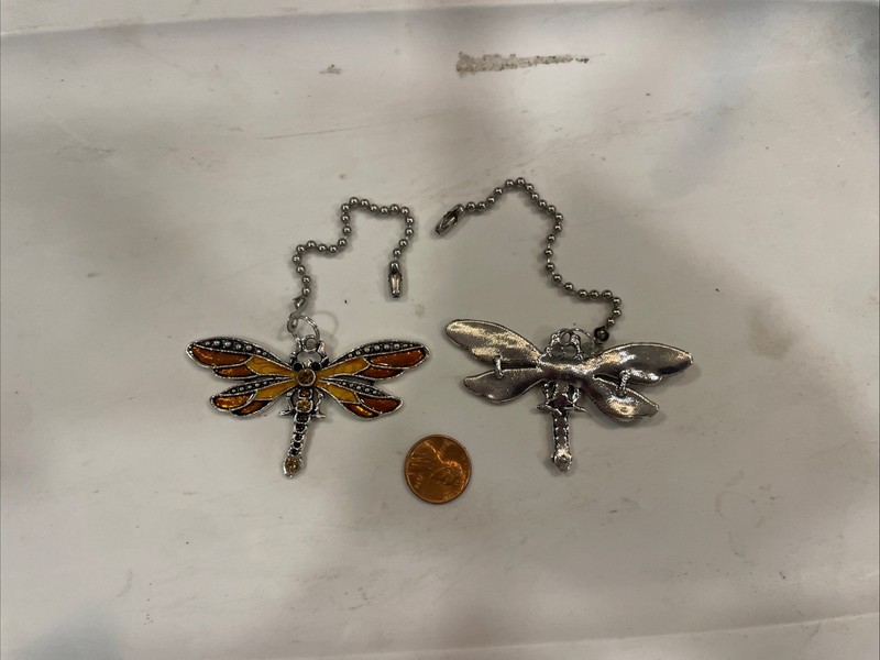 ANTIQUE SILVER ORANGE DRAGONFLY CEILING FAN LIGHT SWITCH PULL LARGE PAIR gallery