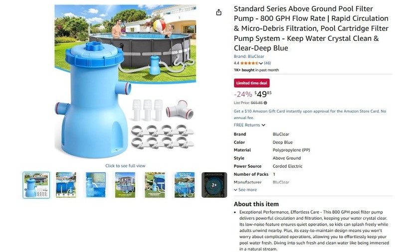 800 GPH Above Ground Pool Filter Pump Cartridge System Blue Open Box gallery