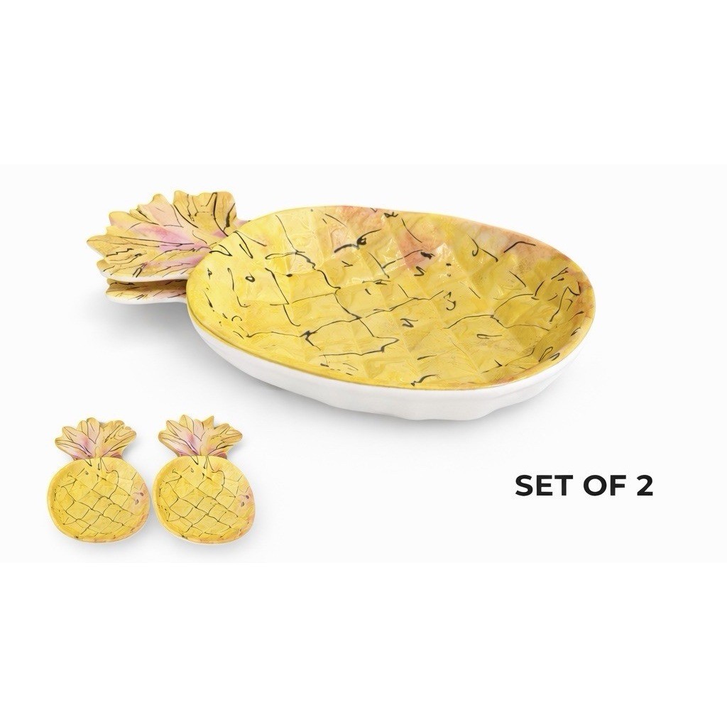 Outdoor Collection Yellow & Pink Pineapple Shaped MELAMINE Dinner Bowls Set 2 gallery