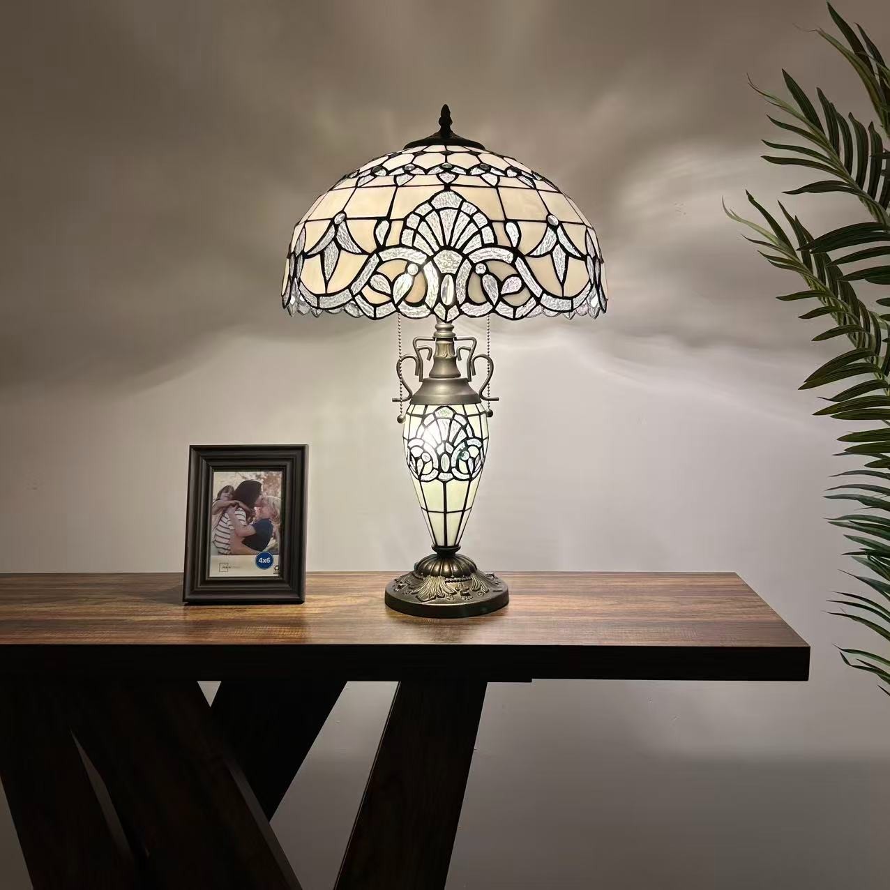 Tiffany Style Table Lamp White Stained Glass LED Bulb Include Baroque Style 24"H gallery