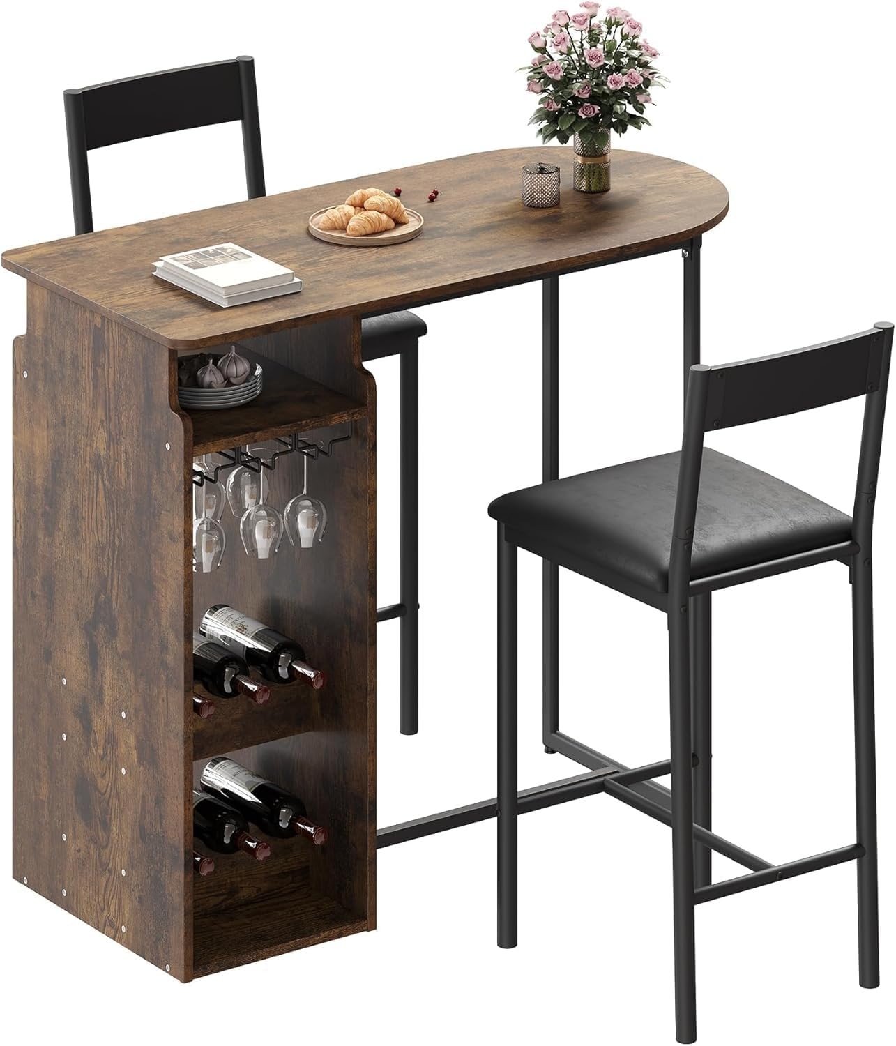 3 PCS Bar Table and Chairs for 2 Dining Room Table w/ Wine Rack and Glass Holder gallery