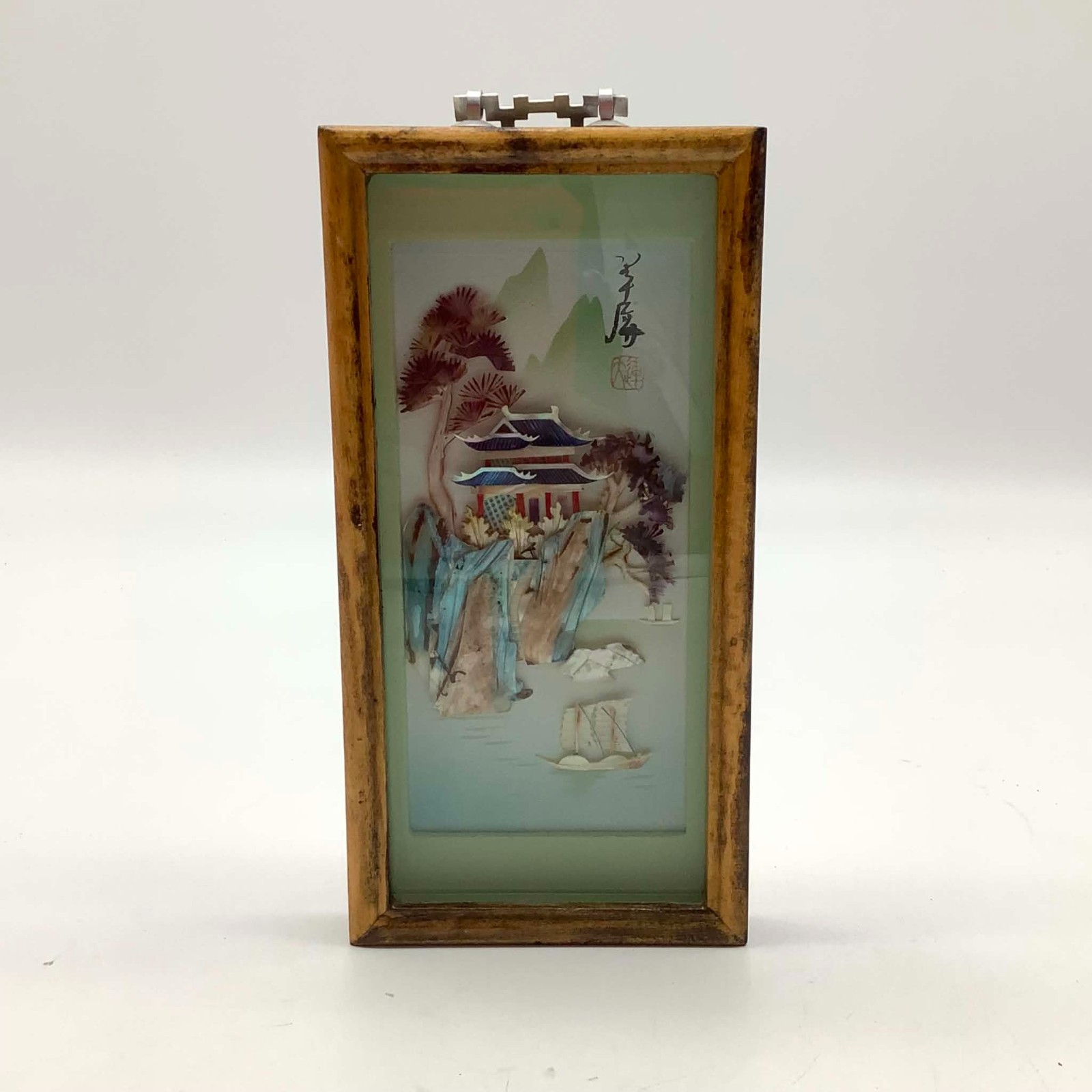 Vintage Chinese Shell Art Shadow Box Pagoda Landscape 3D Wall Decor 9" Brown gallery