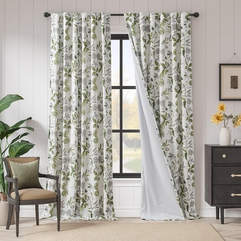 Leaf Pattern Blackout Curtains Linen Blend Room Darkening Drapes Easy Care New gallery