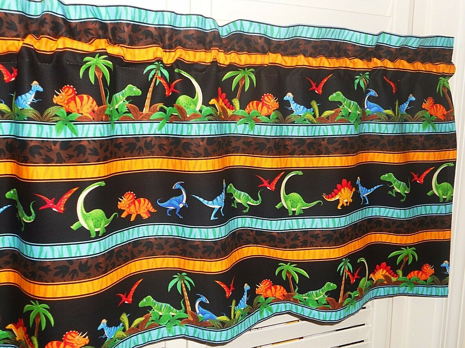 Dinosaur Valance Curtain Kids Classroom Turquoise Orange Blue Stripe 36 x 17 gallery