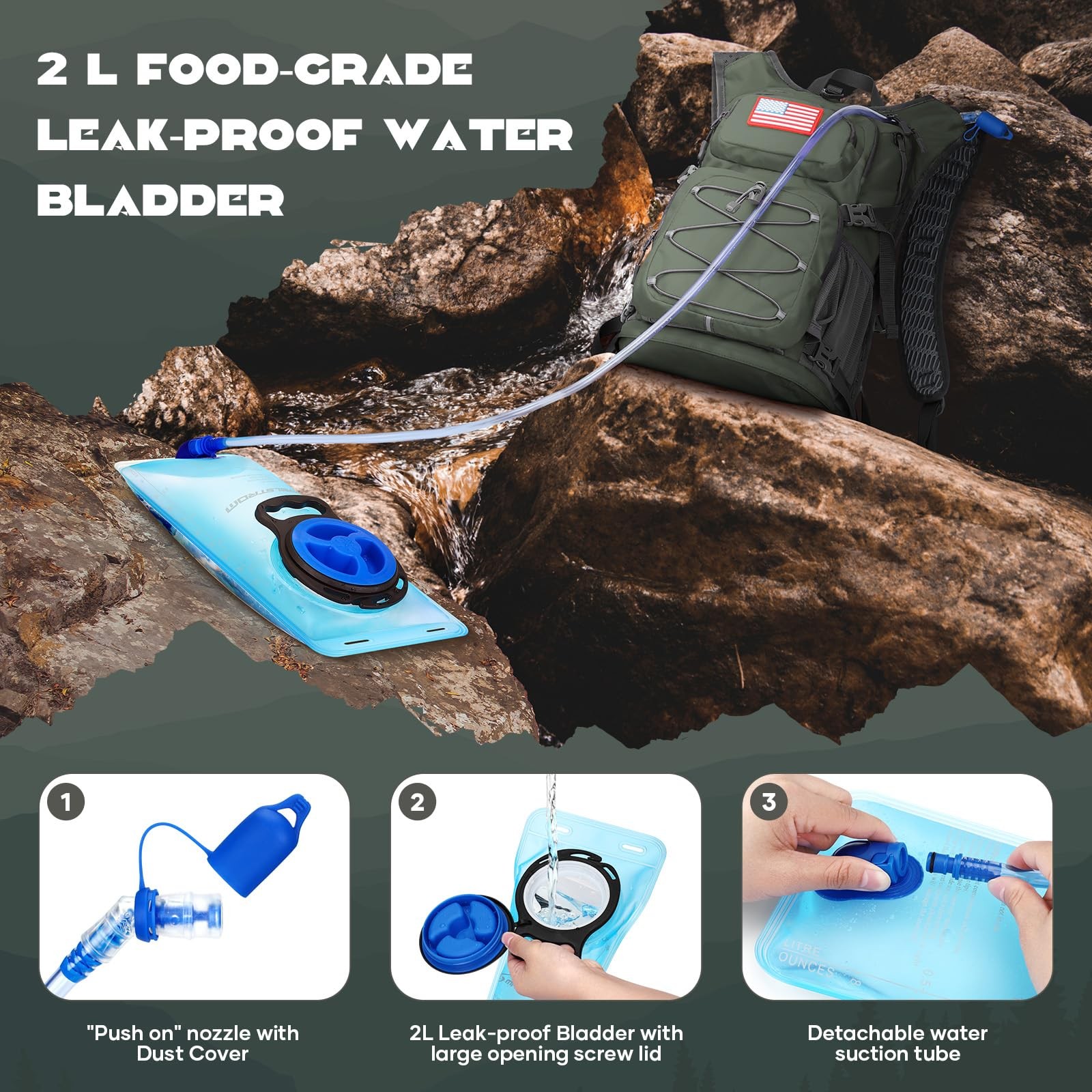 Hydration Hiking Backpack 20L with 2L/3L Water Bladder - Lightweight Insulated 3