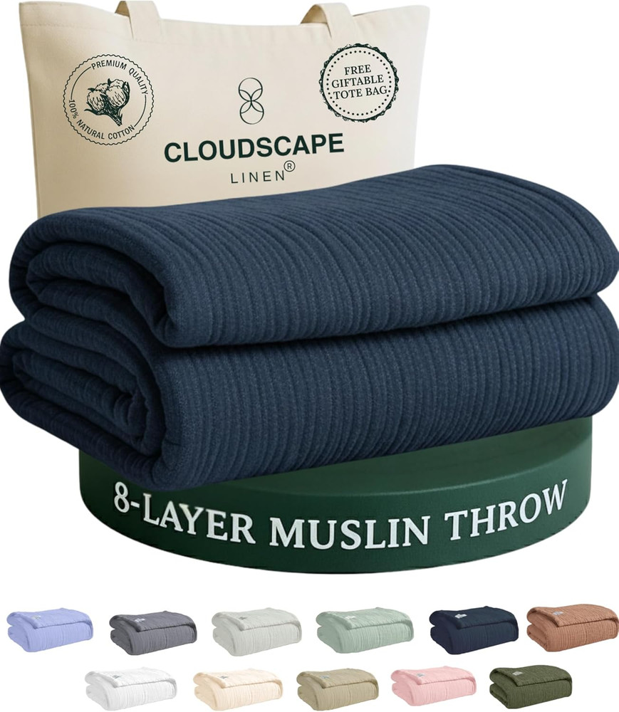 CLOUDSCAPE 8 Layer Cotton Muslin Blanket - Soft Oversized Throw in Ensign Blue