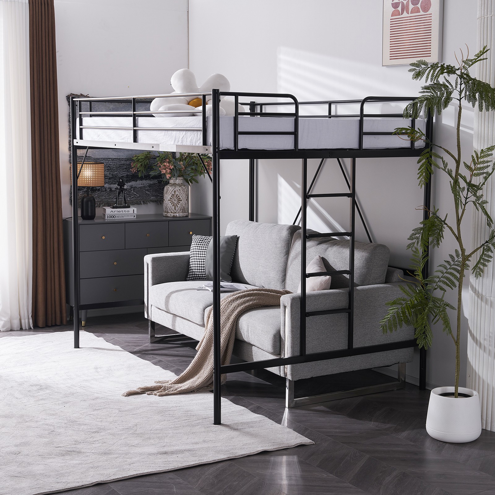 Loft Bed Full Size with Flat Rungs Ladder Heavy Duty Metal Slat Support gallery