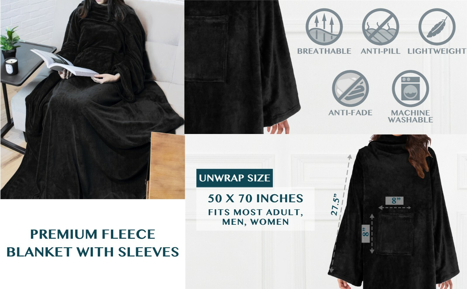 Fleece Wearable Blanket with Sleeves Pocket Fleece Warm TV Blanket Gift Adults gallery