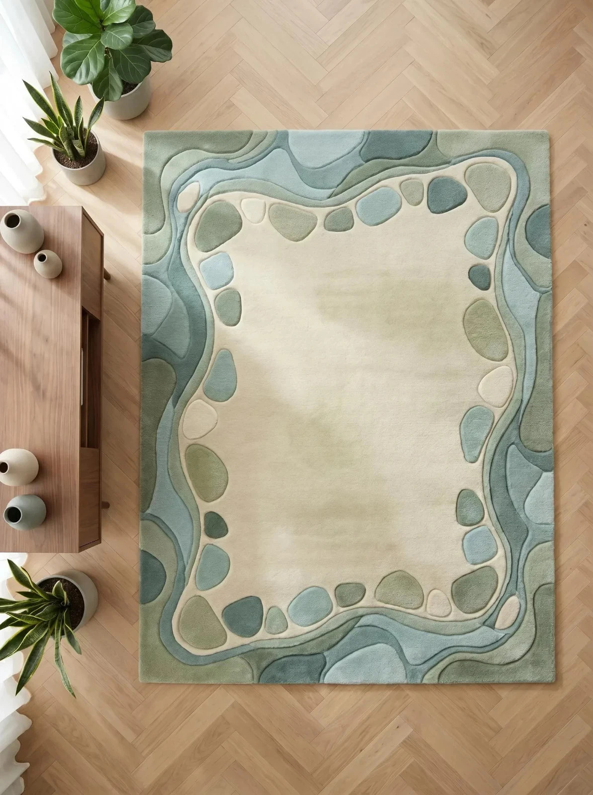 Hand Tufted Abstract Pebble Border Wool Area Modern Scandinavian Handmade Carpet gallery