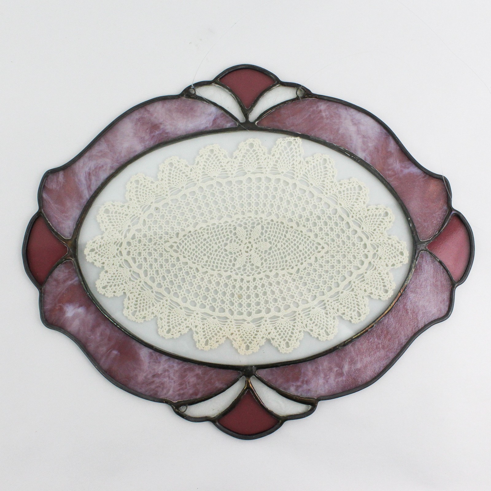 Oval Stained Glass Suncatcher W/ Crocheted Doily Window Hanging 15.5" Wide gallery