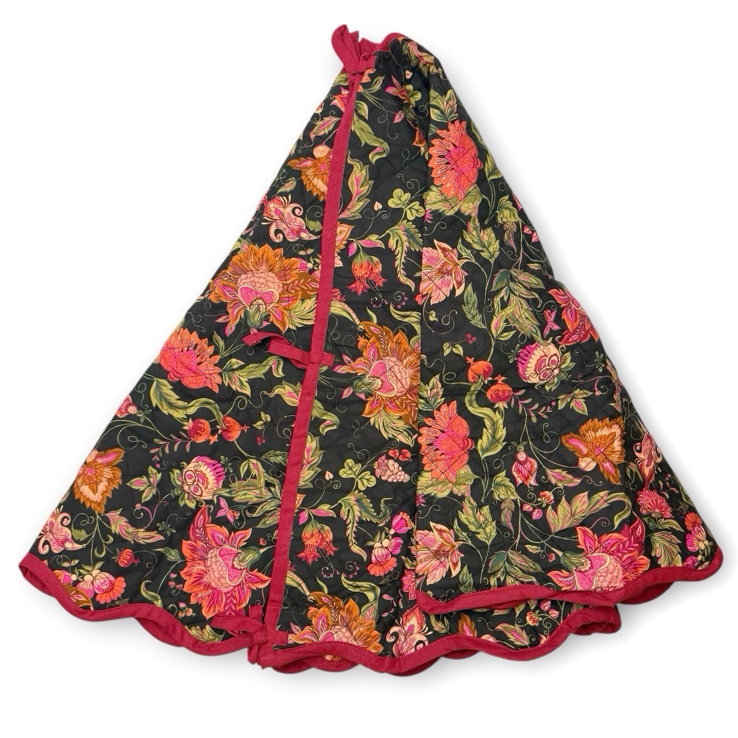 Indigo Fables Red Black Multicolor Floral Scalloped Christmas Tree Skirt 60” NEW gallery