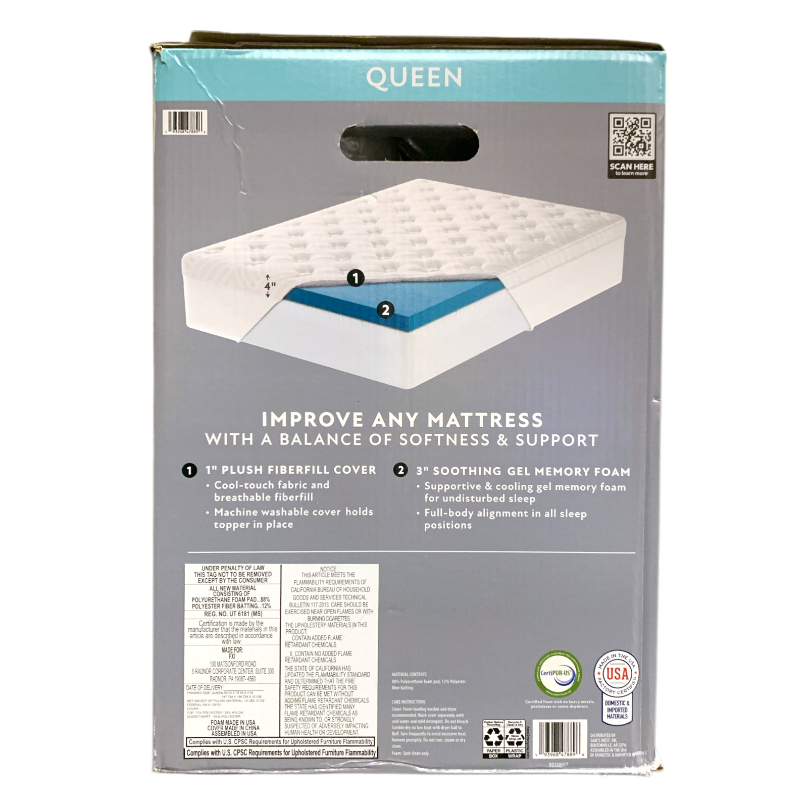Member's Mark 4-Inch Cooling Pillow-Top Gel Memory Foam Mattress Topper, Queen gallery