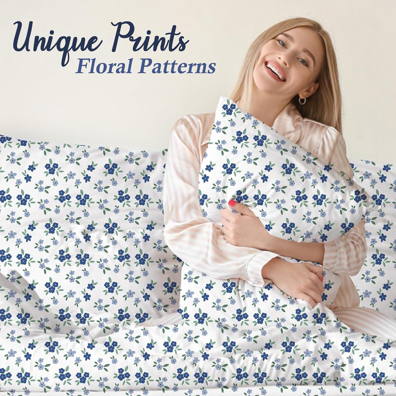 4-Piece Queen Sheet Set Floral Printed 16" Deep Pocket Ultra Soft Blue Blossom gallery