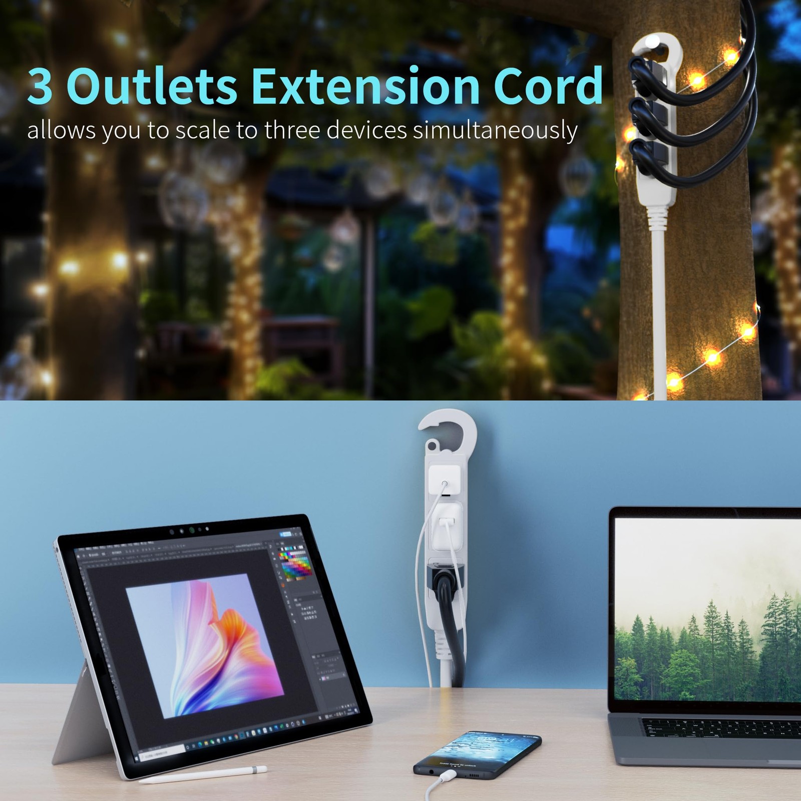 Waterproof 16/3 20 Ft Long Extension Cord With Multiple Outlets For Outdoor Use gallery