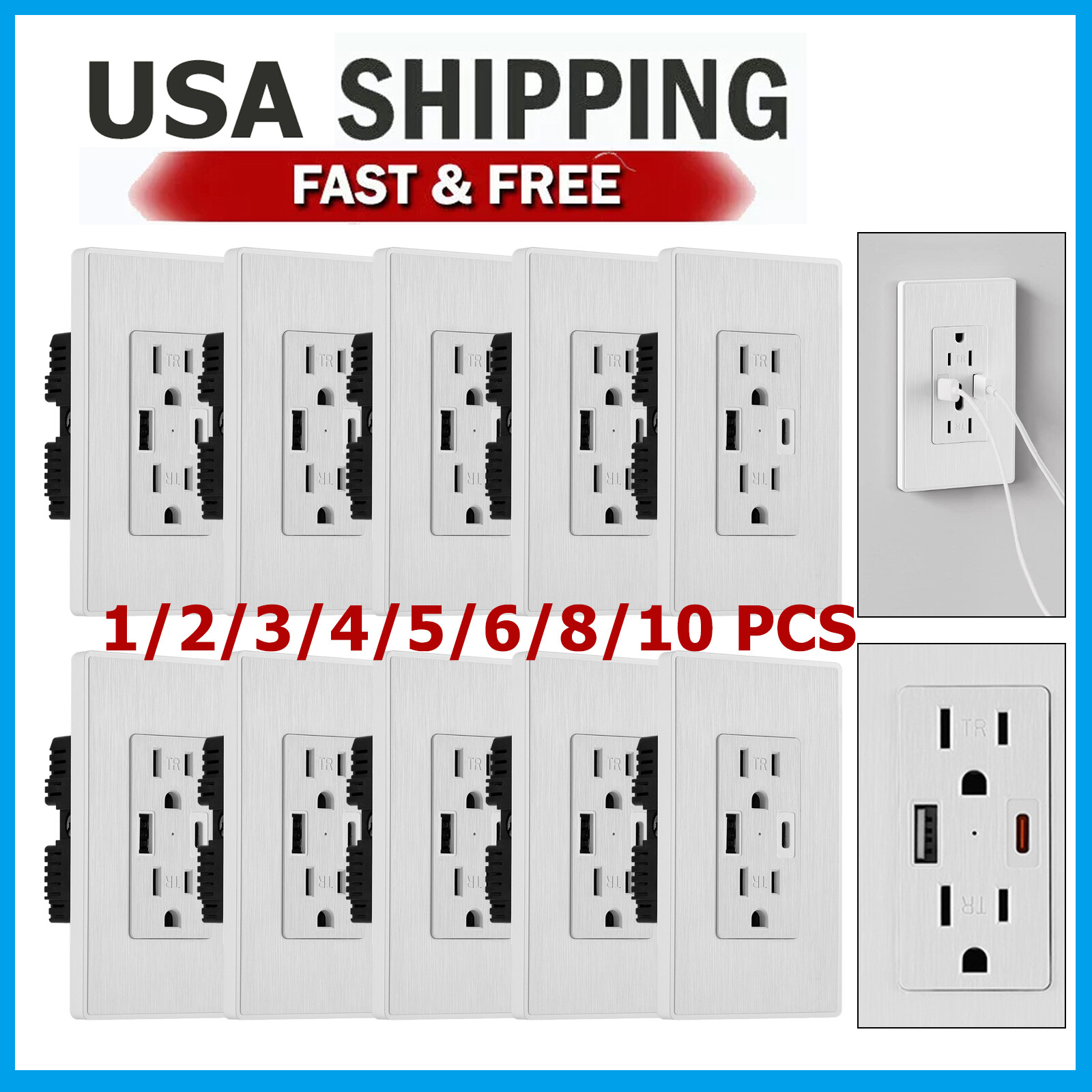 1-10PCS USB Type C Wall Outlet Duplex Receptacle 15A, Smart 2.1A Quick Charging gallery