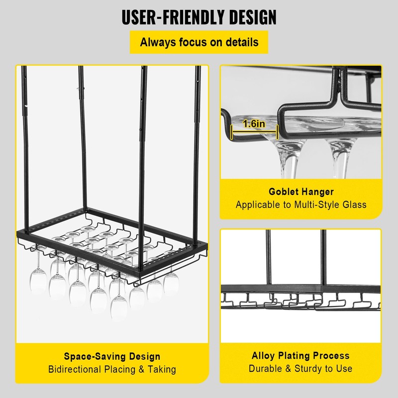 Uimoso Ceiling-Mounted Bar Wine Rack Wine Glass Hanging Rack 23.6x13.8in Black gallery