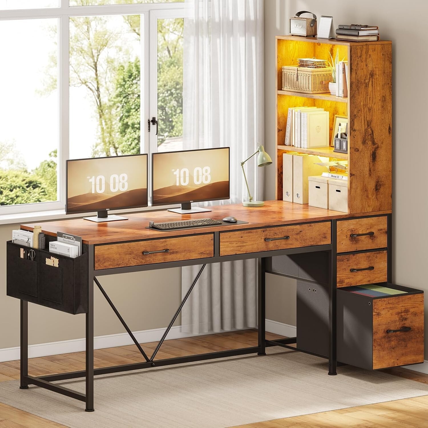 Computer Desk with 5 Drawers and Bookshelf, Home Office Desk with LED Lights gallery