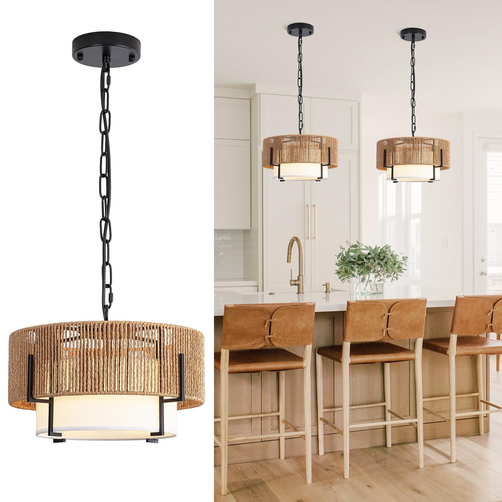 Supmaka 12.6 Rattan Pendant Light Boho Chandelier Light Fixture Fabric Shade gallery