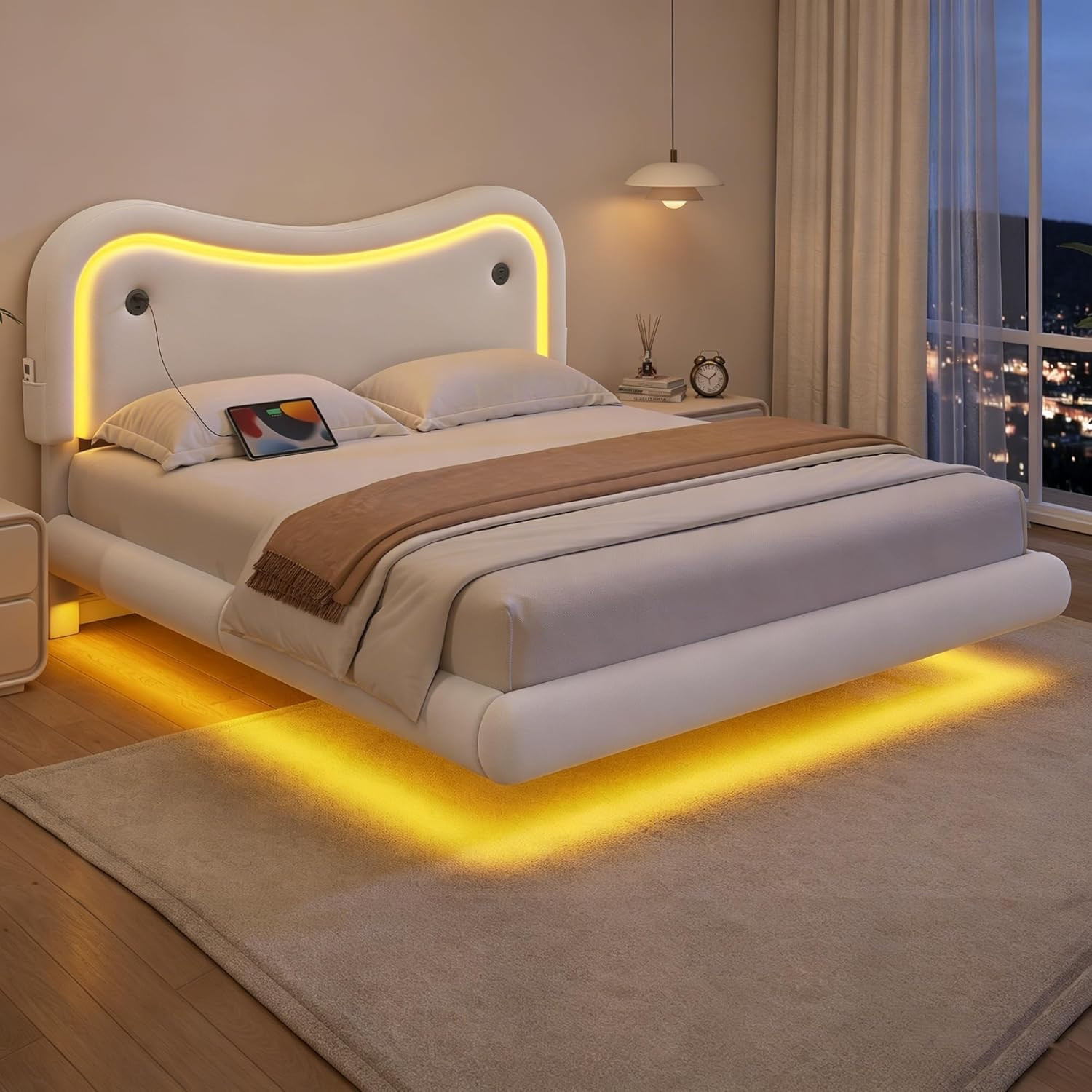 LED Floating Velvet Bed Frame with Charging Station, Full Size, Easy Assembly gallery
