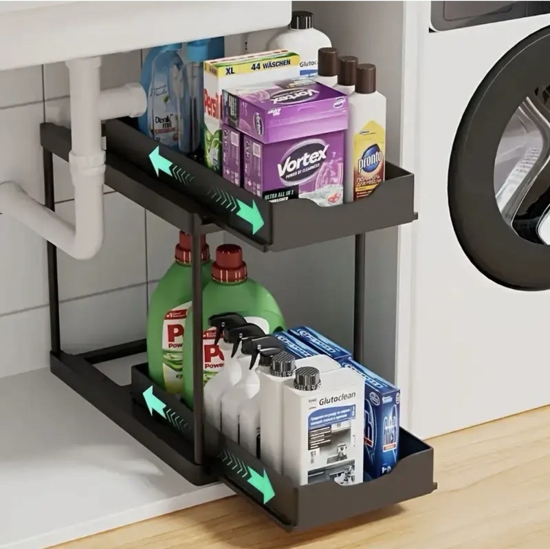 Double-layer Pull-out Black Metal and Plastic Storage Box Set, Anti-Slip Design gallery