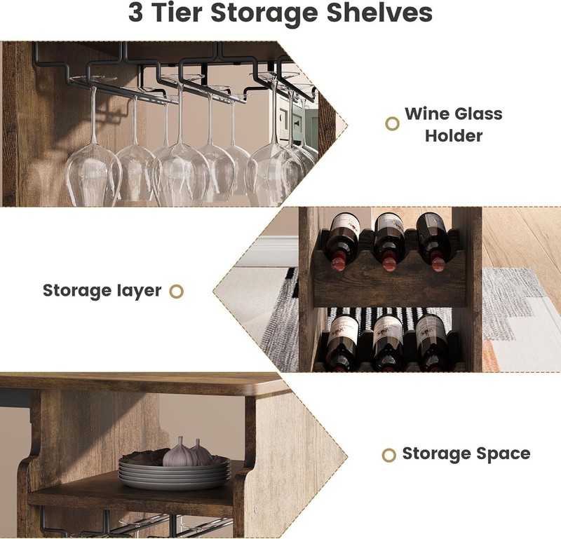 3 PCS Bar Table and Chairs for 2 Dining Room Table w/ Wine Rack and Glass Holder gallery