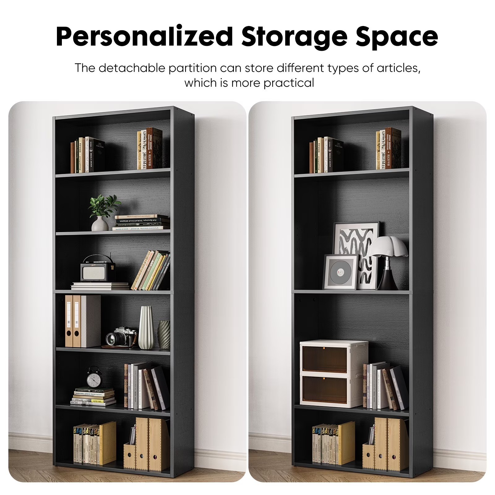6-Tier Bookcase 63in Adjustable Shelves Anti-Tip Floor Standing Black Wood gallery
