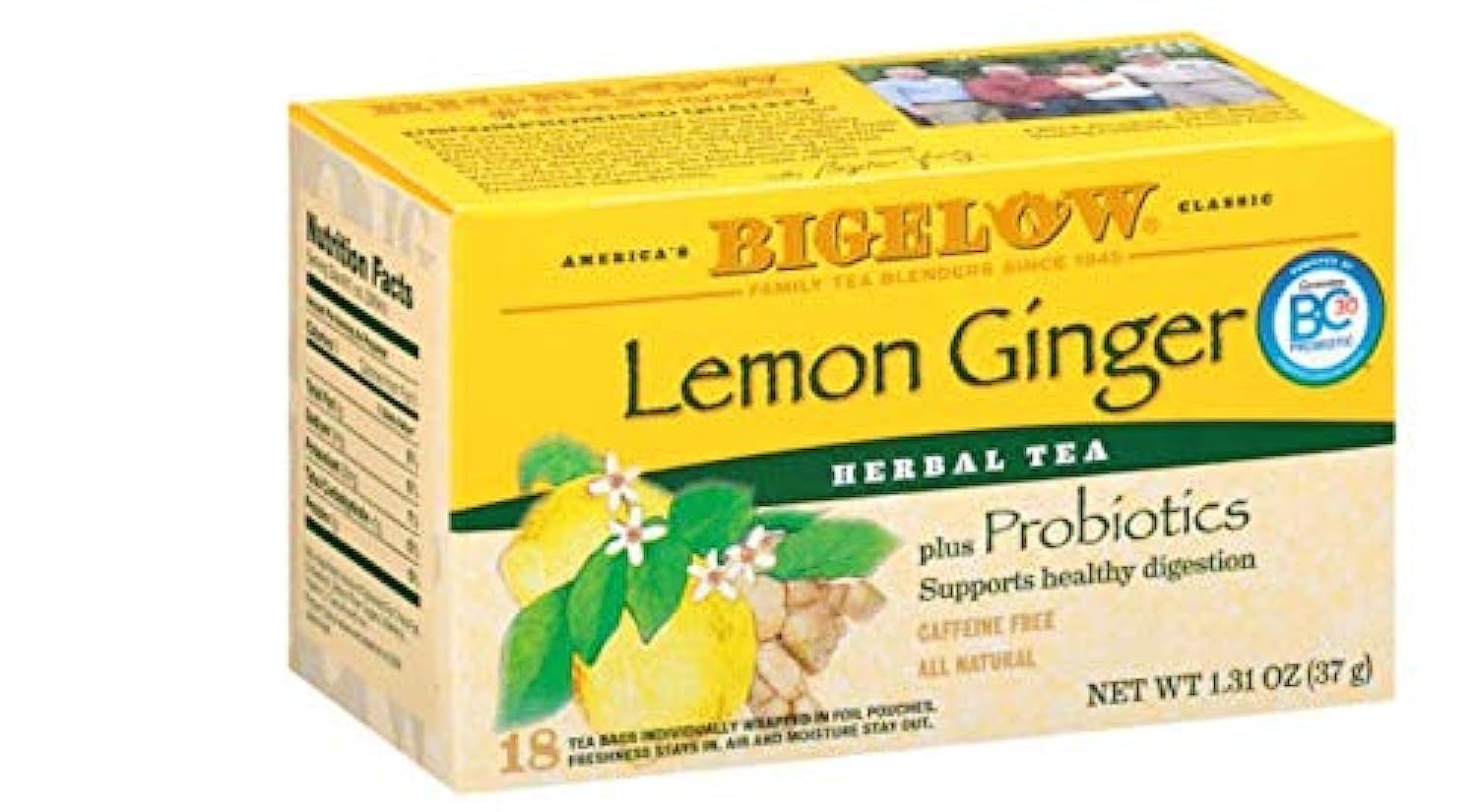 Bigelow Tea Lemon Ginger Plus Probiotics Herbal Tea Bags, 18 Count Box (Pack of gallery