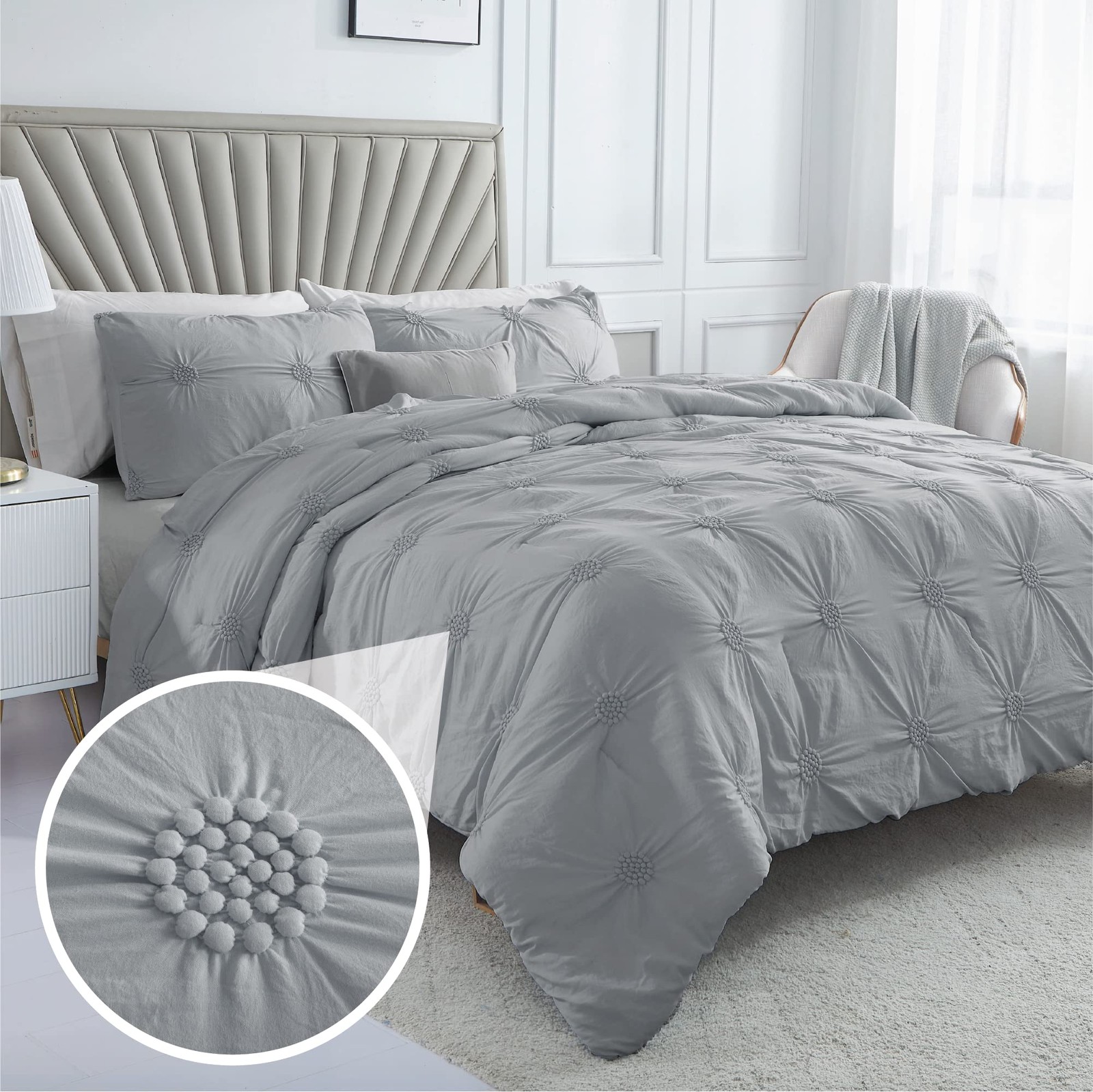 Swift Home King Gray Comforter Set - Ruched 3D Floral Pintuck Bedding Set - 3 gallery