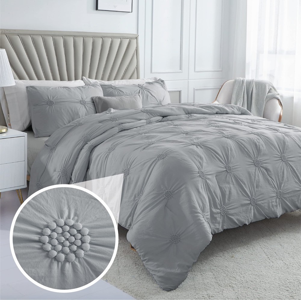 Swift Home King Gray Comforter Set - Ruched 3D Floral Pintuck Bedding Set - 3