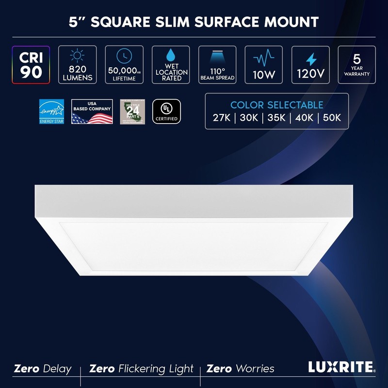 LUXRITE 5" LED Flush Mount Light, 5CCT, 820LM, 110°, 10W, Dimmable, Square Trim gallery