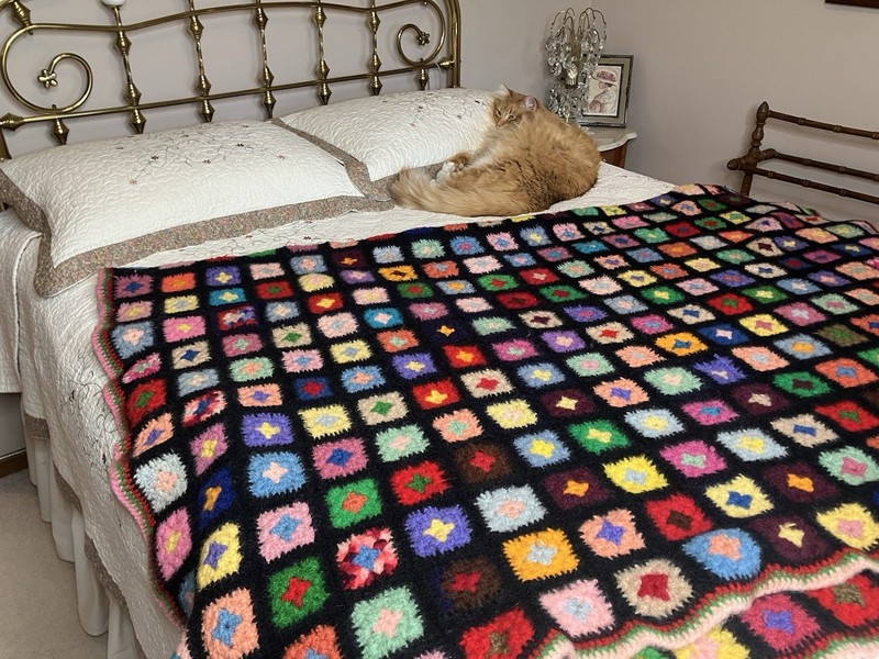 Vtg Granny Square Handmade Crochet Wool Afghan 61x78 Multicolor Black Roseanne gallery