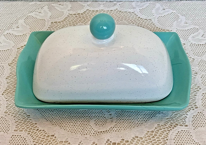 Boston Warehouse Speckleware Butter Dish Teal White Covered EUC gallery