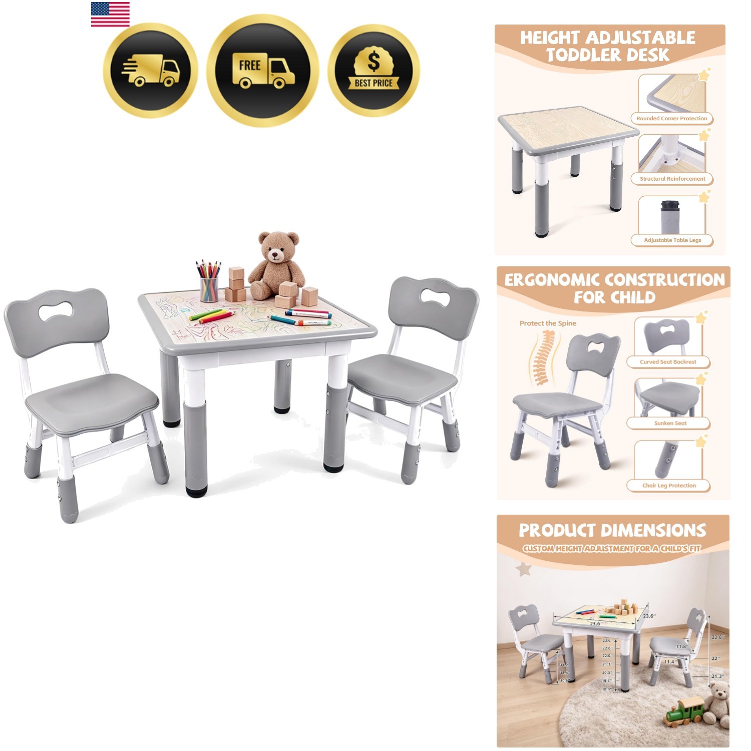 Kids Table and Chairs Set Toddler Adjustable Height Non Slip Desk Playroom gallery
