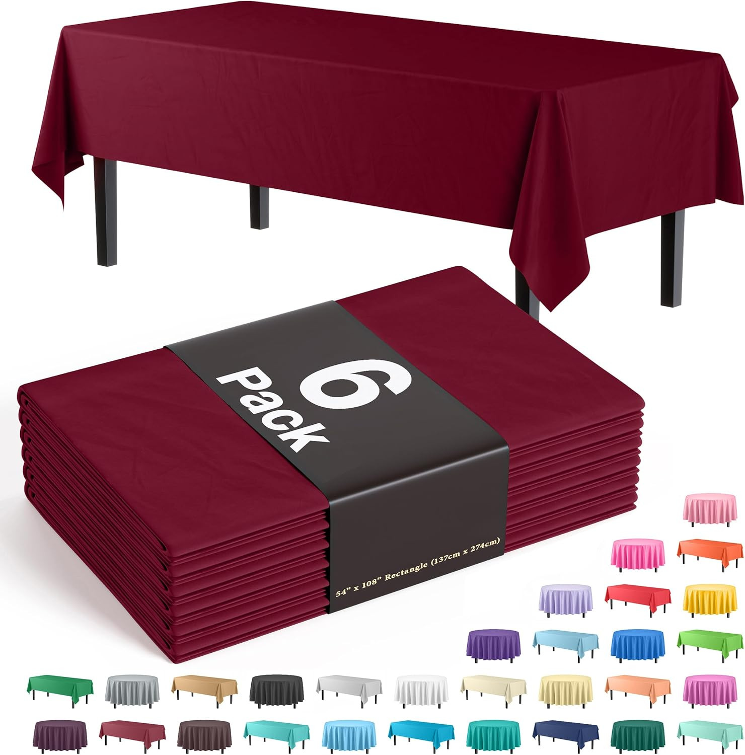 Exquisite Party Solids 6-Pack Premium Plastic Tablecloth 54In. X 108In- Burgundy gallery