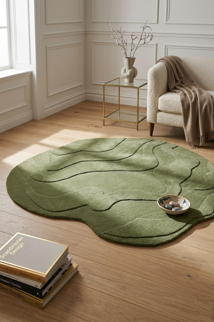 Irregular Green Wool Area Rug Hand Tufted Modern Wave Shape Living Room Carpet gallery