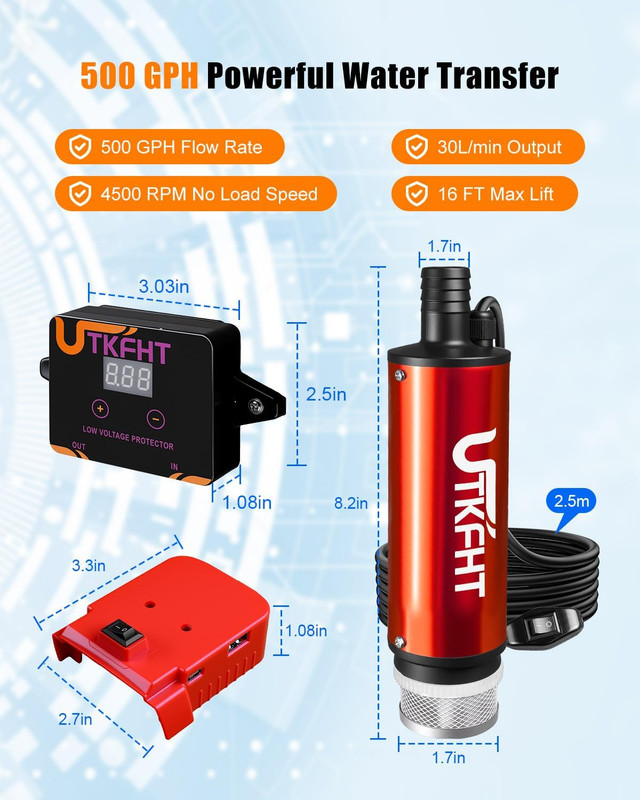 Mini Water Pump Compatible with Milwaukee 18V Battery, 500GPH Draw Water Pump wi gallery