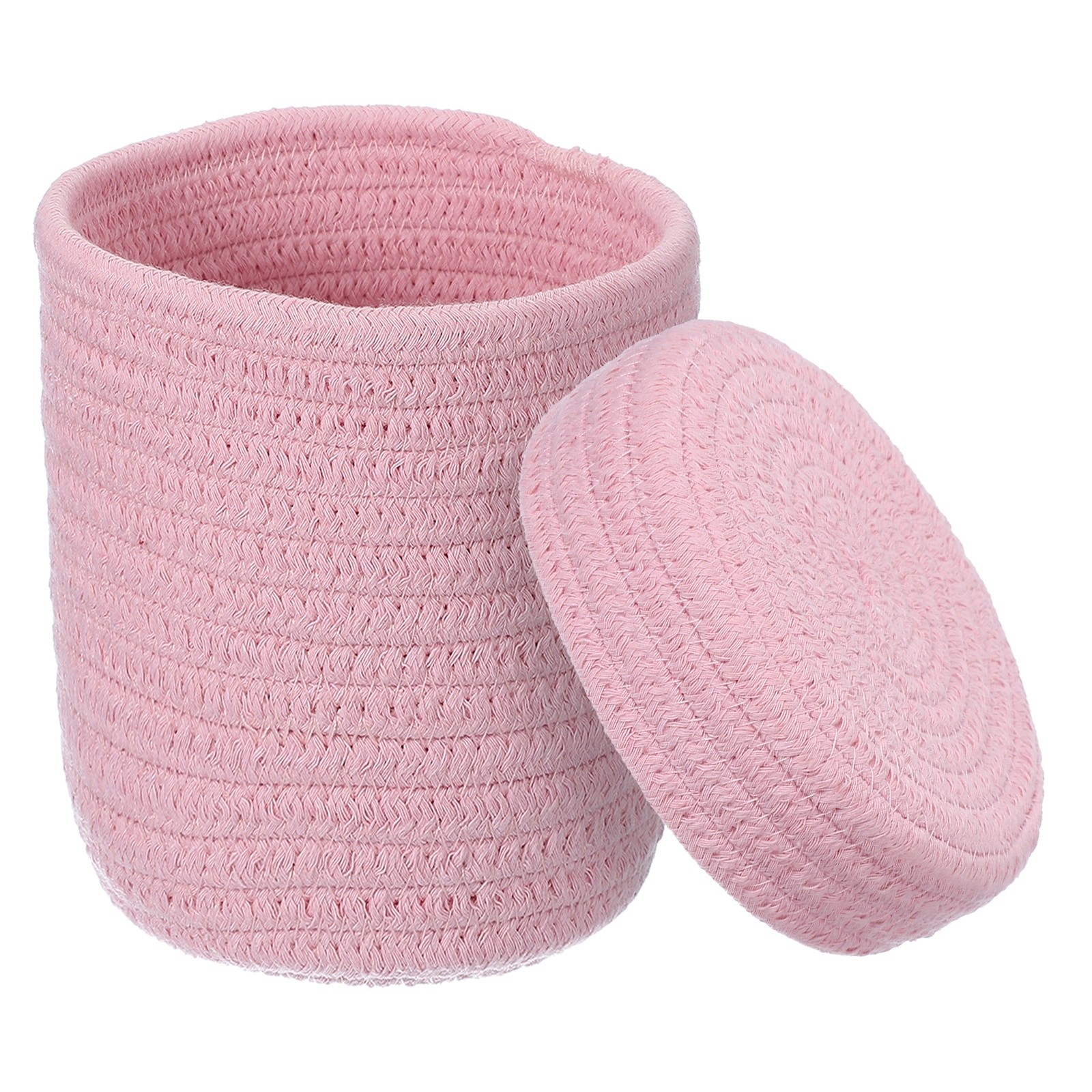 Light Pink Small Cotton Rope Woven Storage Basket Round with Lid 5.8"x5.6" gallery