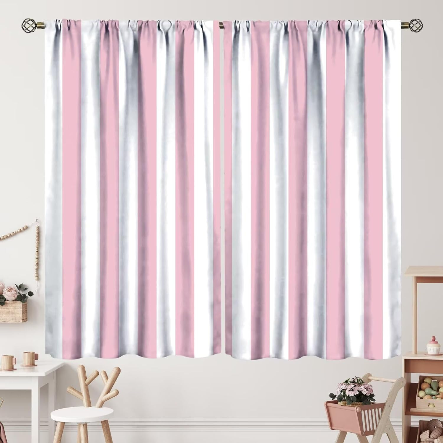 Chic Pink & White Striped Curtains Set, Modern Farmhouse Drapes 72"x63 gallery