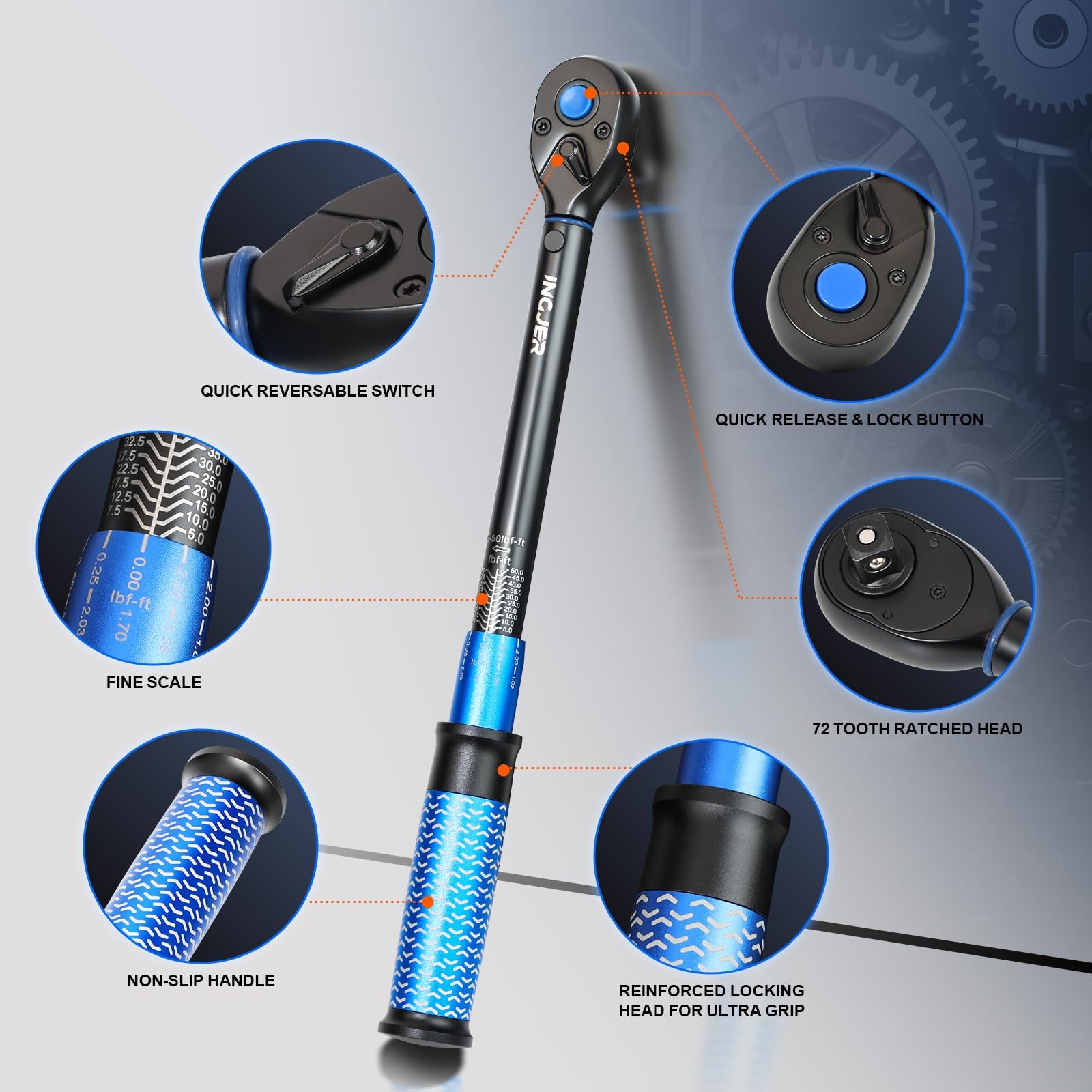 3/8 Inch Drive Click Torque Wrench 550Ft Lb Dual Direction 72 Tooth Blue gallery
