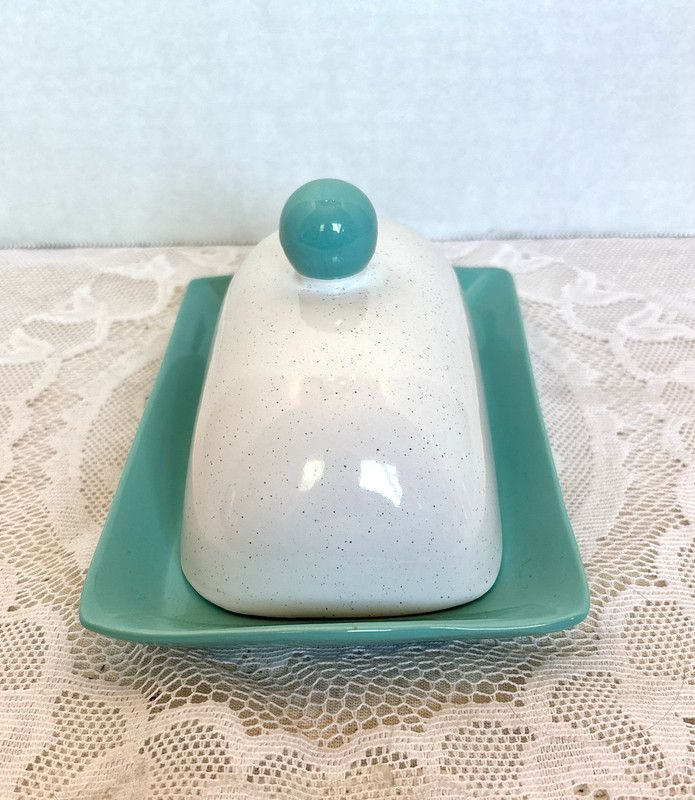 Boston Warehouse Speckleware Butter Dish Teal White Covered EUC gallery